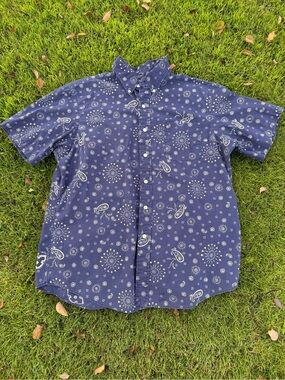 Vintage Ralph Lauren Blue Paisley Bandana Print Short Sleeve Button Down XL GUC